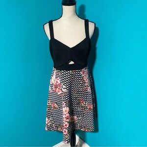 Guess 12 Black White Pink Floral Print Houndstooth Cut Out Flared Dress